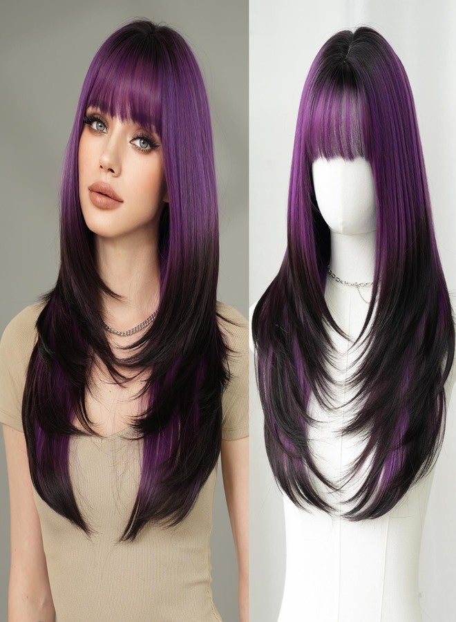 7JHH WIGS Long Straight Purple Synthetic Wig with Bangs 25inch Layered Hair Tail Dye Black Heart Resistant Synthetic Fiber Natural Looking Wigs for Women Party Cospaly and Daily Used - Image 1